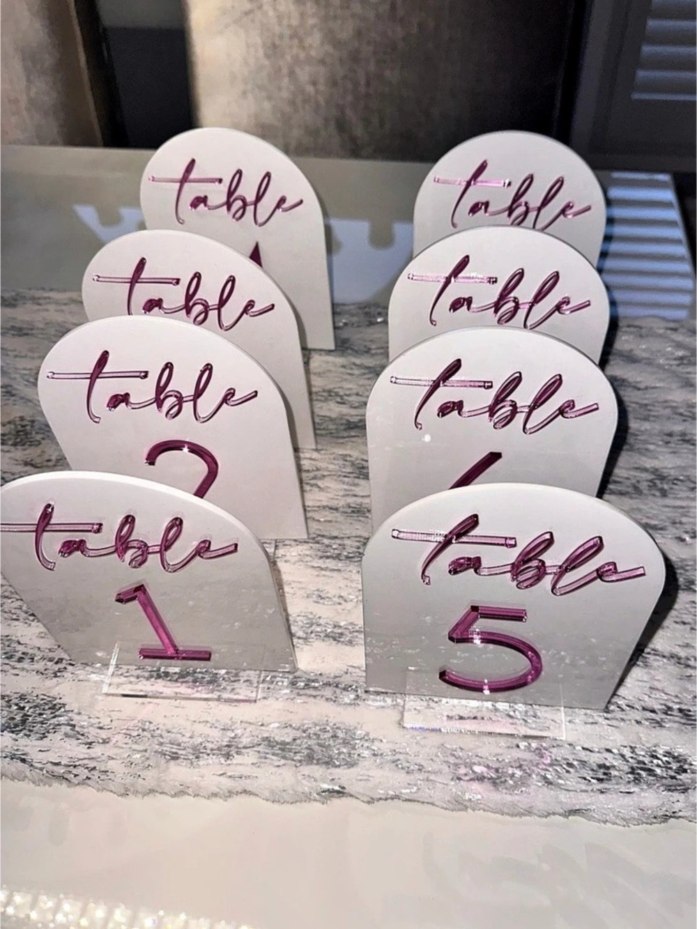Custom Table Number Signs 1-8 White & Pink Mirror Party Decor
